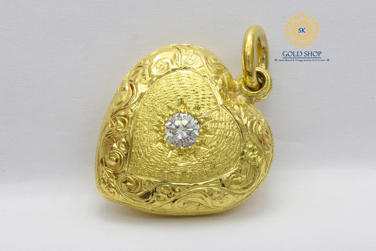 จี้หัวใจทองคำแกะลายเพชรเดี่ยว-2