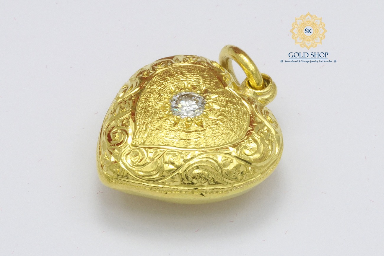 จี้หัวใจทองคำแกะลายเพชรเดี่ยว-4